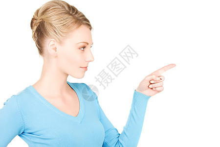 女人指着她的手指金发女郎白色手臂手势行动成人女孩女性采摘警报图片