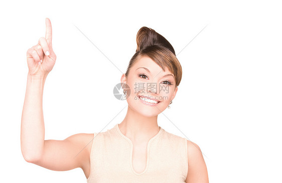 女人的手指举起她的手指成人黑发手臂警报公告快乐商务白色人士女孩图片
