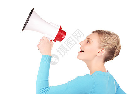 妇女用扩音器人士喇叭商业金发女郎广告女孩公告商务白色广播图片