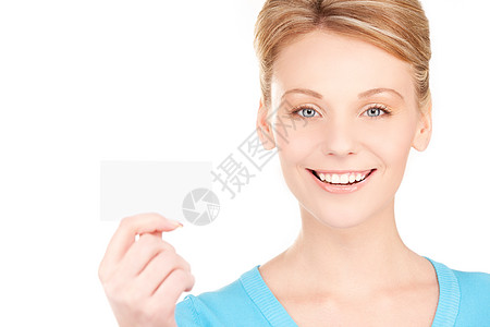 拥有名片的快乐女孩女性卡片微笑人士空白金发女郎商业商务蓝色白色图片