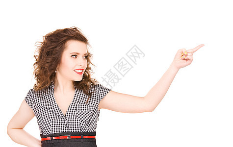 女人指着她的手指青少年黑发女孩采摘女性公告手臂快乐指挥行动图片