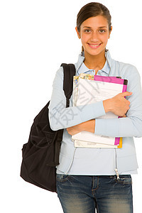 背包和书本的少女黑发学生女孩青少年长发图书拉丁牛仔裤微笑图片