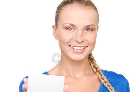 拥有名片的幸福妇女商务微笑广告白色卡片快乐金发女郎学生人士青少年图片