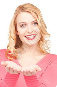 椰枣树上的东西粉色微笑中年女孩女性广告人士商务白色手势图片