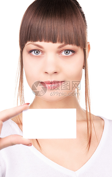 拥有名片的幸福妇女商务卡片空白女性广告白色女孩快乐商业黑发图片