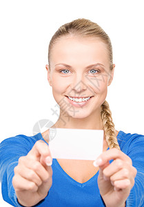 拥有名片的幸福妇女卡片白色青少年微笑学生人士商务空白女性金发女郎图片