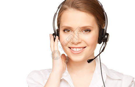 帮助热线接线员快乐技术耳机代理人接待员女孩秘书服务手机微笑图片