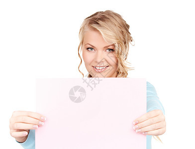 满满白板的幸福妇女展示女性床单推介会广告快乐女孩白色空白微笑图片