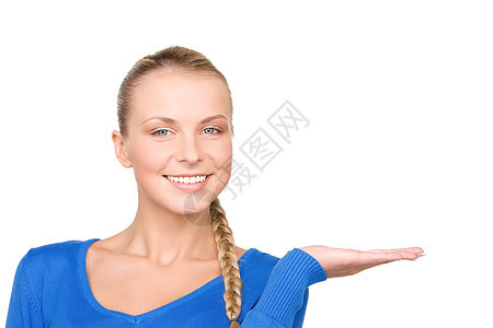 椰枣上的东西商务广告微笑女性女孩青少年手势白色蓝色人士图片