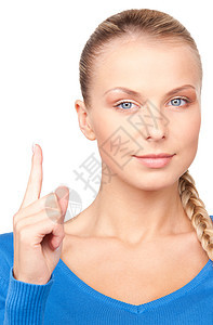 女人的手指举起她的手指注意力女孩指挥蓝色青少年商务成人白色生长人士图片