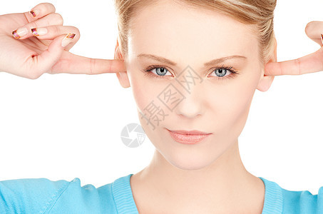 妇女用手指耳聋头痛疼痛情怀耳朵侮辱手势女孩戏剧性噪音女性图片