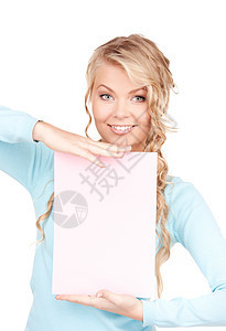 满满白板的幸福妇女广告快乐空白女性推介会卡片女孩白色床单微笑图片