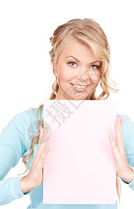 满满白板的幸福妇女广告推介会海报白色女孩展示女性空白微笑卡片图片