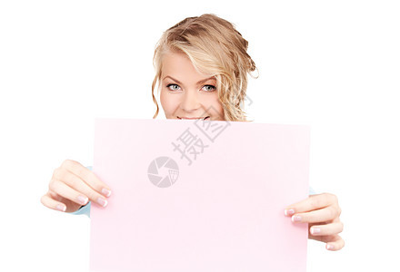 满满白板的幸福妇女海报卡片展示白色快乐女性广告推介会微笑木板图片