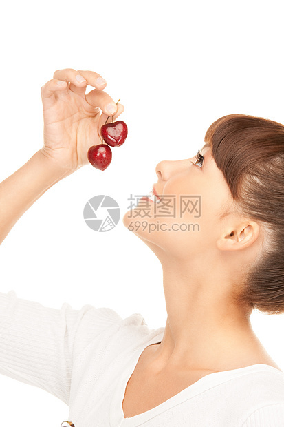 妇女有樱桃女性食品活力快乐水果饮食黑发女孩福利营养图片