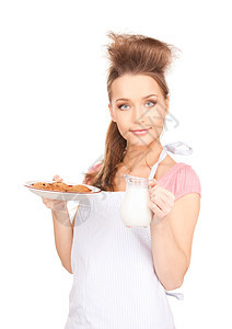 配奶和饼干的家庭主妇烘烤烹饪女性围裙早餐家务食物牛奶妻子白色图片