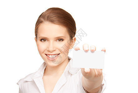 拥有名片的妇女空白学生女孩商务微笑广告女性商业白色卡片图片