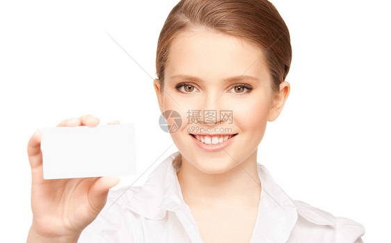 拥有名片的妇女女性商务卡片白色广告空白青少年女孩学生快乐图片