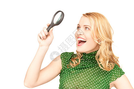 女用放大镜工具侦探镜片玻璃监视女孩微笑学习勘探光学图片