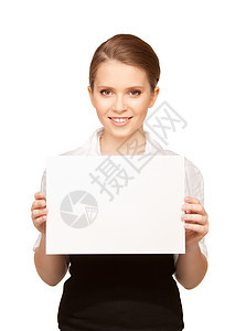 带着空白板的快乐少女白色女性卡片床单推介会女孩青少年空白木板微笑图片