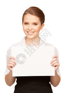 带着空白板的快乐少女商务展示木板学生广告微笑女孩海报青少年白色图片