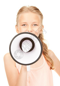 使用扩音器的女孩女学生白色青春期演讲广告女性青少年嗓音孩子公告图片