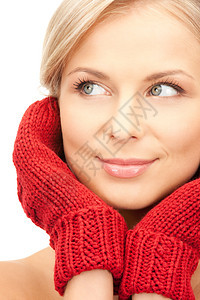 穿红色手套的美丽女子衣服容貌季节女性羊毛护理福利女孩幸福皮肤图片