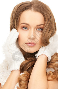 穿白手套的美女女性幸福福利季节头发衣服围巾棉被女孩羊毛图片
