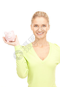拥有小猪银行的妇女成人女孩金融微笑经济快乐女性金发幸福投资图片