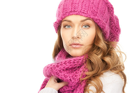 戴冬帽的美女棉被头发女性羊毛衣服幸福福利季节围巾女孩图片