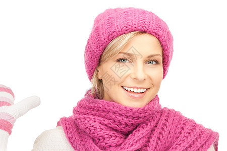 戴冬帽的美女手套羊毛快乐衣服女孩帽子微笑成人棉被季节图片