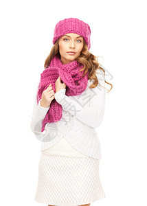 戴冬帽的美女棉被幸福皮肤围巾福利衣服羊毛帽子女性季节图片