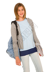 背着背包的少女金发微笑青少年学生女孩牛仔裤金发女郎图片