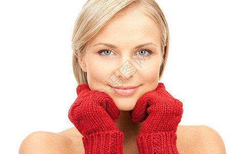 穿红色手套的美丽女子容貌皮肤成人季节幸福福利女孩女性衣服羊毛图片