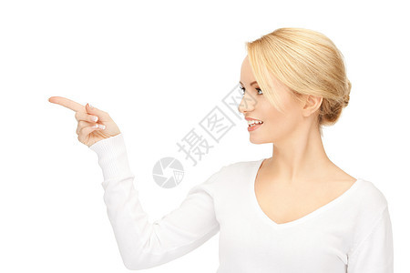 女商务人士指着她的手指商业女孩手臂女性采摘公告微笑手势工作室快乐图片