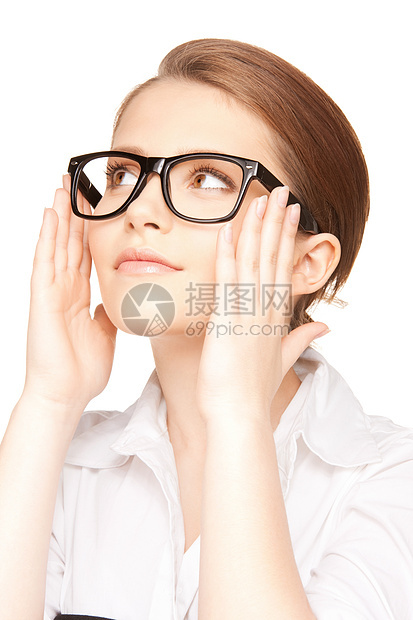 美丽的女子在眼镜中眼睛学生光学女孩商务人士女性白色青少年图片