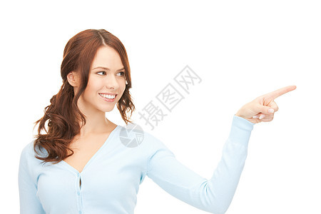 女商务人士指着她的手指快乐公告商务女性指责人士工作室微笑手臂警报图片