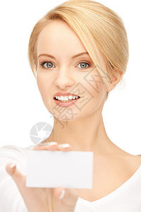 拥有名片的妇女人士广告商业空白微笑快乐女性白色商务卡片图片
