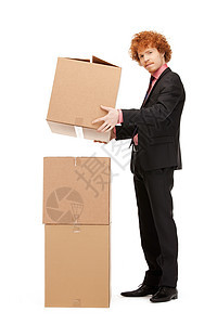 拥有大箱子的有吸引力的商务人士命令盒子服务成人纸盒企业家销售量快乐生意纸板图片