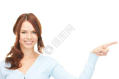 女商务人士指着她的手指快乐女性手臂工作室女孩手势行动公告商业指责图片