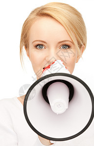 妇女用扩音器尖叫人士公告女孩快乐女性喇叭广告演讲白色图片
