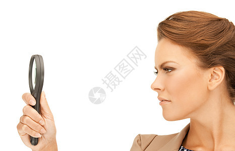 女用放大镜女性女孩人士镜片玻璃检查白色学习侦探监视图片