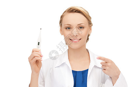 具有温度计的有吸引力的女医生微笑乐器工具女性女士女孩卫生诊断温度实习生图片