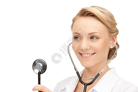 具有听诊器的有吸引力的女医生微笑诊所儿科工人医院临床诊断乐器职业药品图片