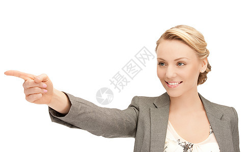 女商务人士指着她的手指成人手臂行动人士指责警报商业快乐采摘手势图片