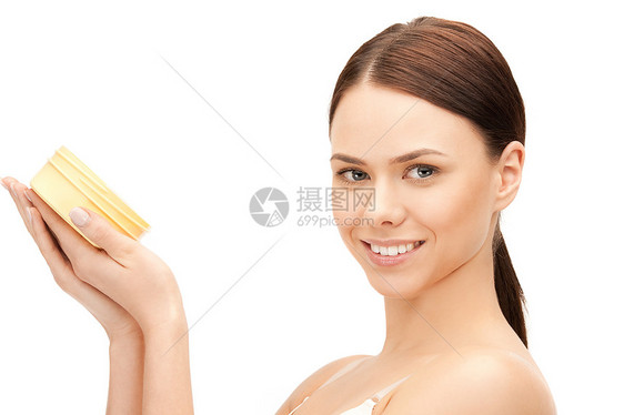 美丽的女人 有湿润的乳胶保健活力微笑福利女孩容貌洗剂健康奶油卫生图片