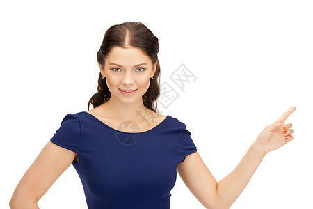 女商务人士指着她的手指手势商务公告商业快乐工作室手臂人士女孩警报图片