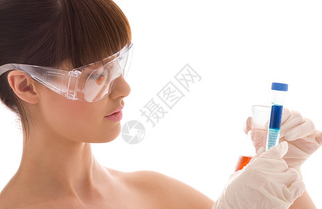 实验室工作研究生物学手套小瓶试剂诊断医生女性蓝色眼镜图片