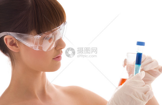 实验室工作研究生物学手套小瓶试剂诊断医生女性蓝色眼镜图片