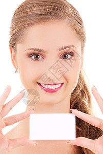 拥有名片的快乐女孩女性青少年商业空白卡片广告人士微笑白色商务图片